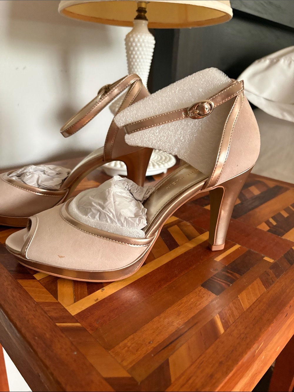 Anne Klein Blush Pink Peep-Toe Ankle Strap Heels